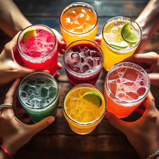 A variety of colorful fruity drinks stand next to each other on a table