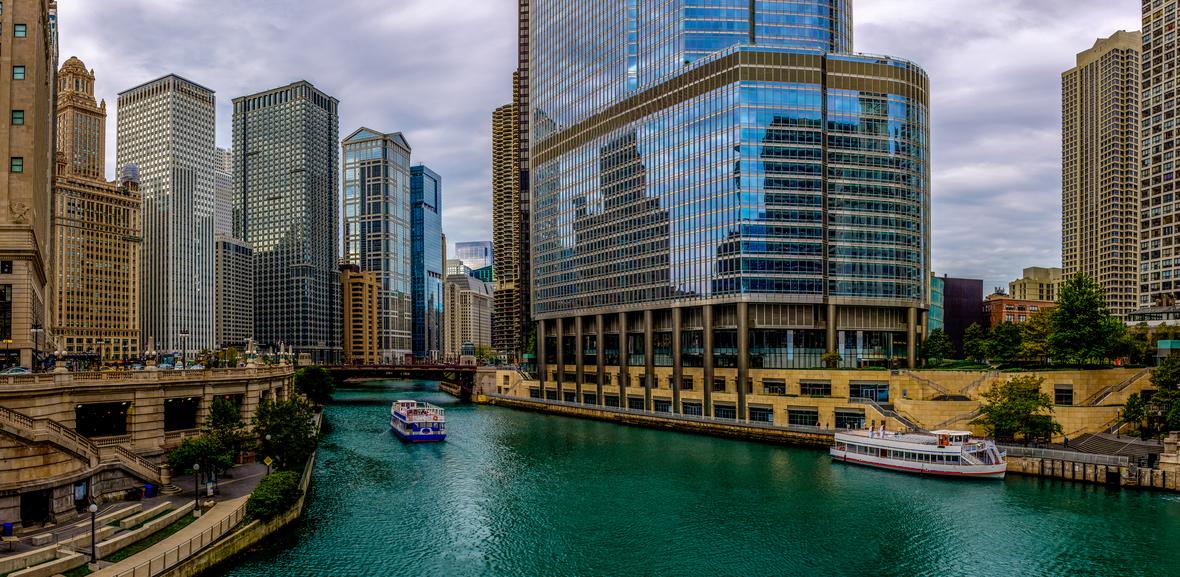 Chicago River Wacker surrounded by highrise buildings