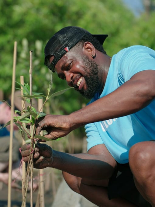 A person tending to a plant in a garden