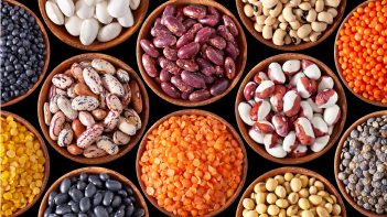 A close shot of multiple small bowls containing natural ingredients, such as beans, peas, and more.