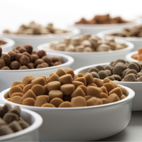 A close-up of multiple bowls on a table, each containing a different kind of pet food.