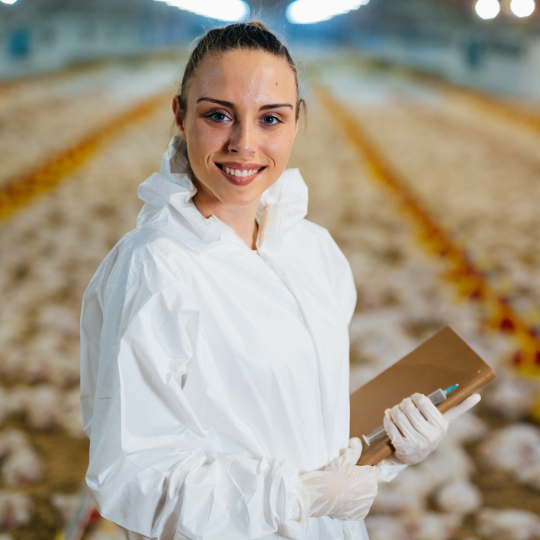 Four chicks standing on a poultry farm