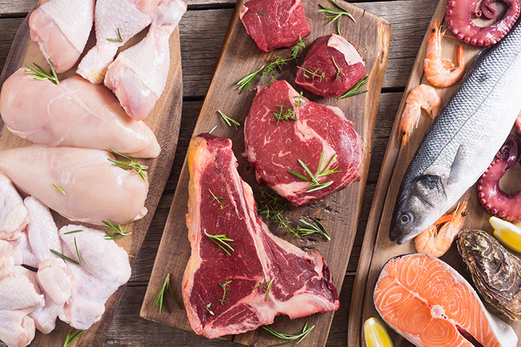 A fresh assortment of meat, poultry and seafood