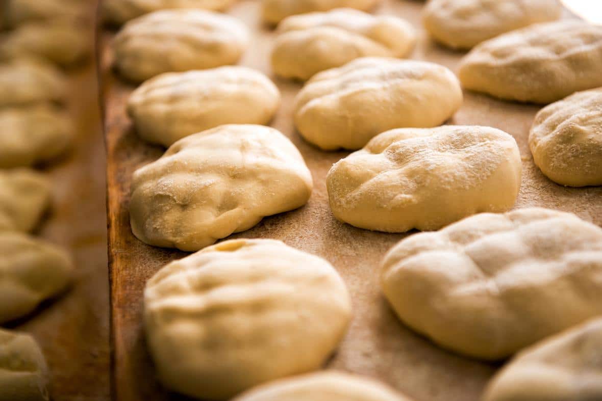 Fresh loaves of bread in a bakery