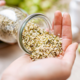A hand holding a jar of hemp seeds