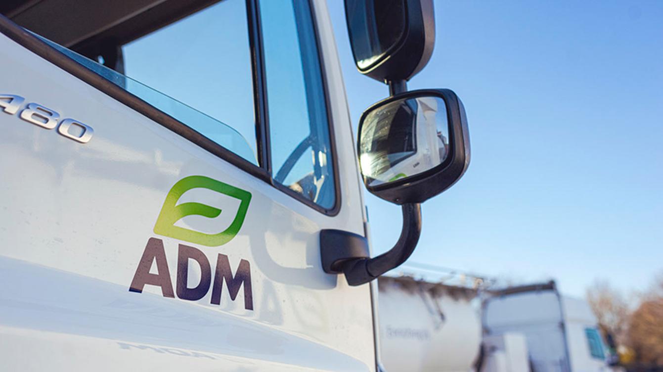 A side view mirror of an ADM truck