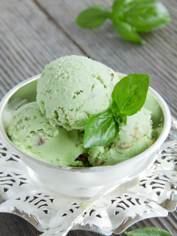 Mint ice cream in a white bowl and garnished with basil mint