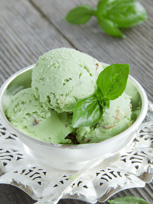 Mint ice cream in a white bowl and garnished with basil mint