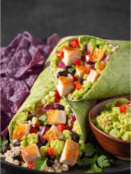Chicken and vegetables in a spinach wrap that’s formulated with naturally derived colors