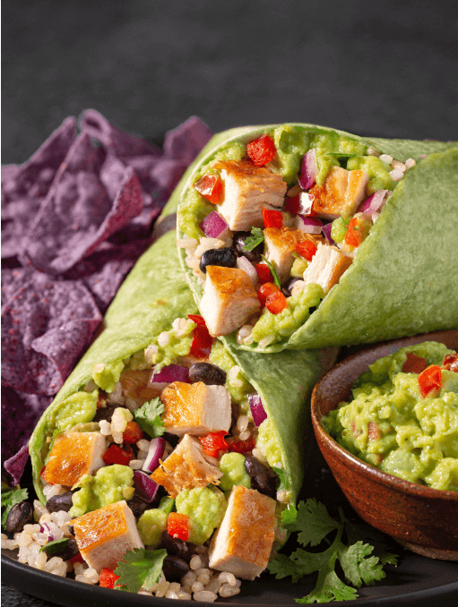 Chicken and vegetables in a spinach wrap that’s formulated with naturally derived colors