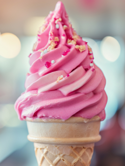 A swirled pink soft serve ice cream cone