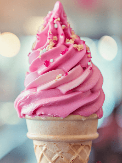 A swirled pink soft serve ice cream cone
