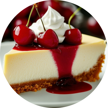 A slice of cheesecake on a white plate, with a cherry sauce and fresh cherries on top