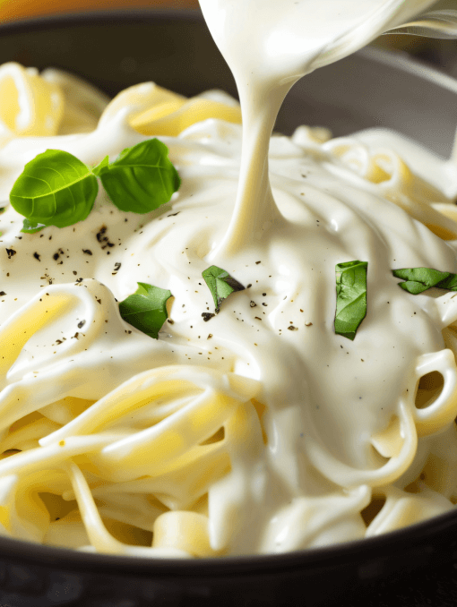 Creamy, white alfredo sauce being poured over fettuccini