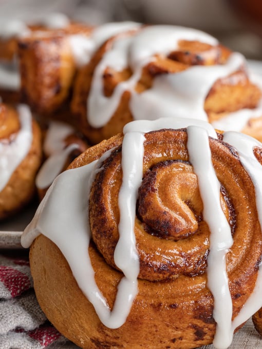 A close-up of cinnamon rolls