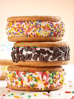 Vanilla ice cream sandwiches with rainbow and chocolate sprinkles