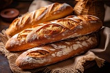 Close up of two baguettes on a wooden table