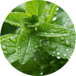 Close-up of a dew-covered stevia plant. 