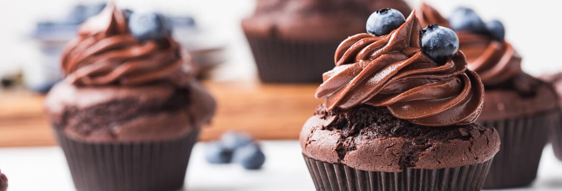 Frosted chocolate cupcakes with fresh blueberries