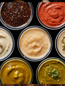 Multiple bowls of dips, sauces, and dressings