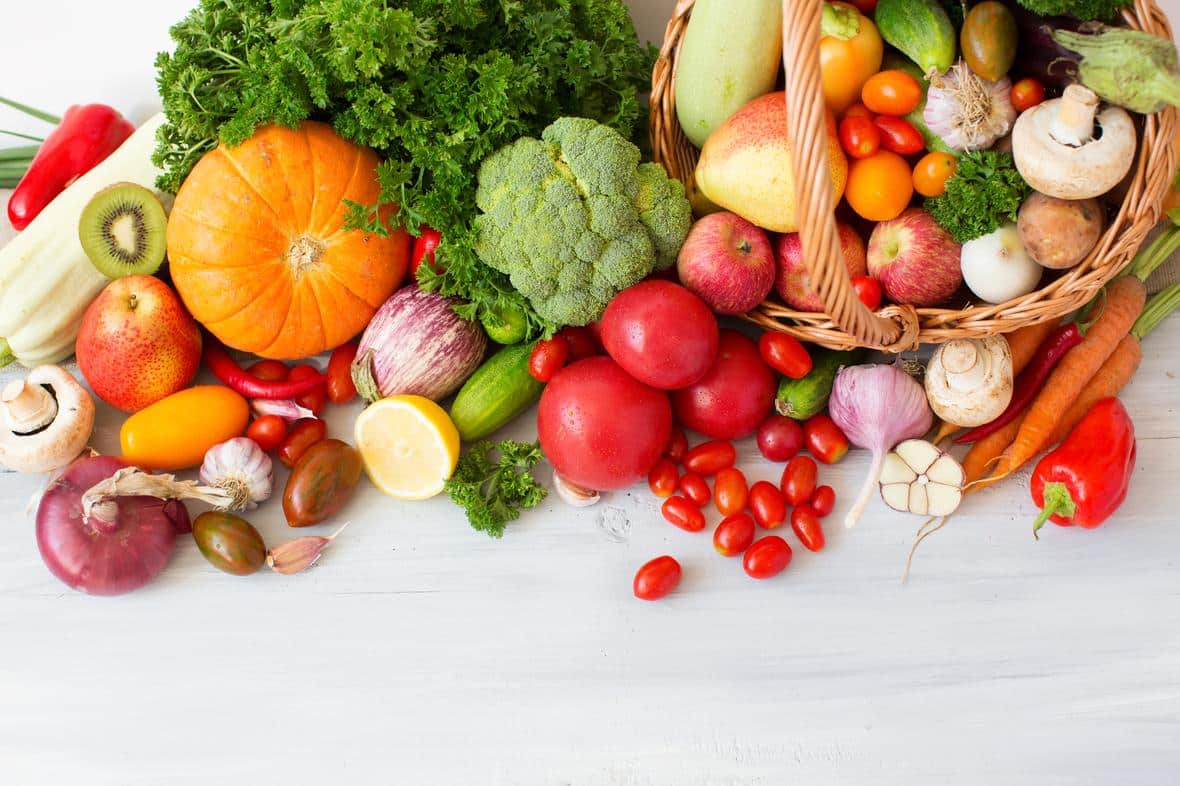 A basket of fresh, healthy vegetables and fruit