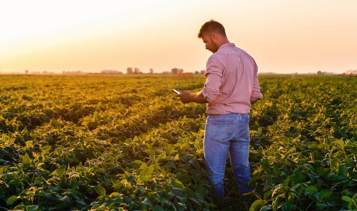 A male farmer is using a tablet with ADM Apps in it while standing on his field