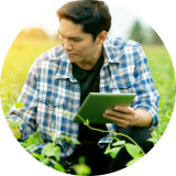 man in green field with tablet