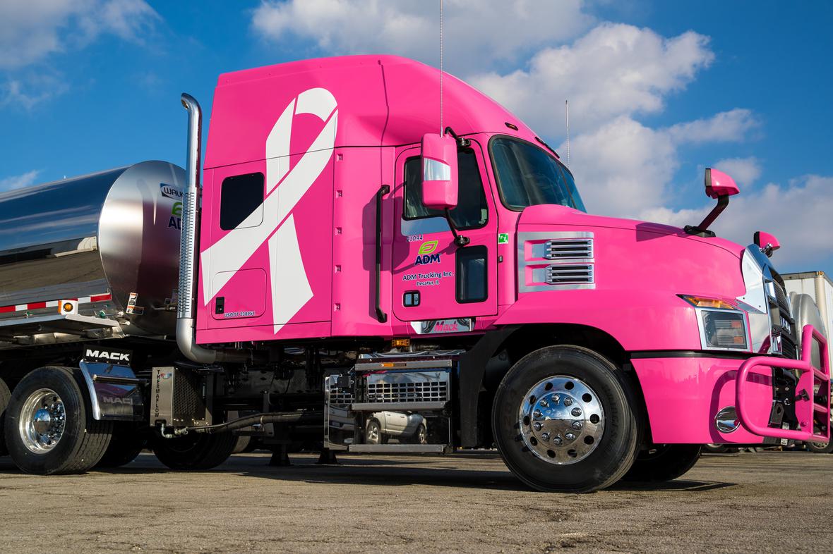 ADM pink truck with breast cancer ribbon 