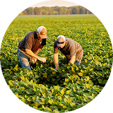 Two male workers wearing ADM logo baseball hats lean down towards soybean plants in field / Dva muška radnika u bejzbol kapama sa logom ADM-a naginju se prema biljkama soje na polju