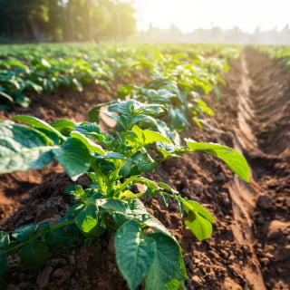 Closeup of green plants in rows of soil