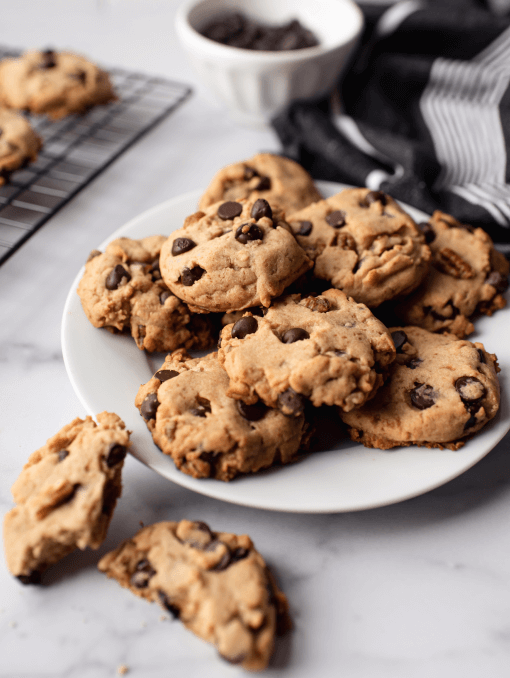 Chocolate chip cookies on a white plate