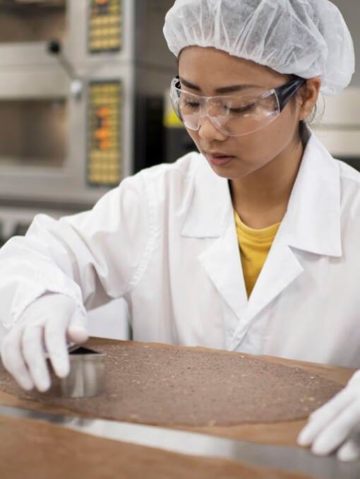 A person in a lab coat, hairnet, and gloves using a triangle cutter to cut out chips