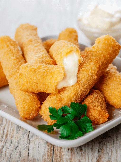 Mozzarella sticks with cheese oozing out