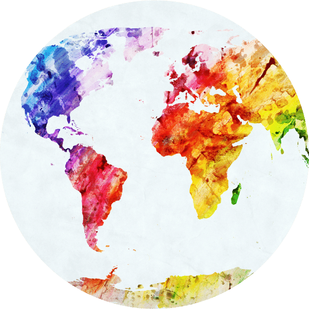 A map of the world made of colorful splattered paint.