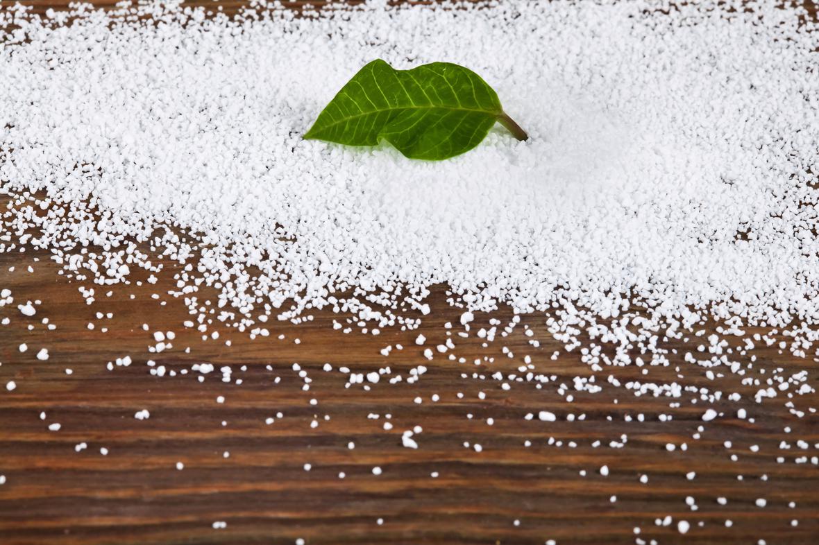 Sorbitol crystals on a wooden table